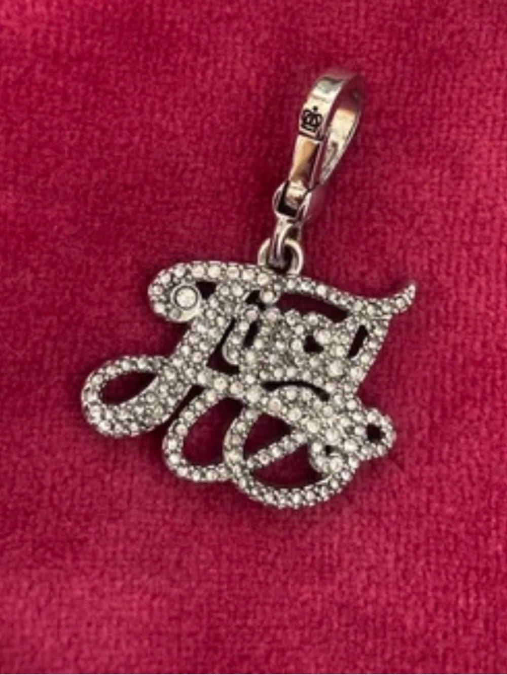 Y2K Juicy Couture silver tone pave script logo charm adorned w/ rhinestones, EUC